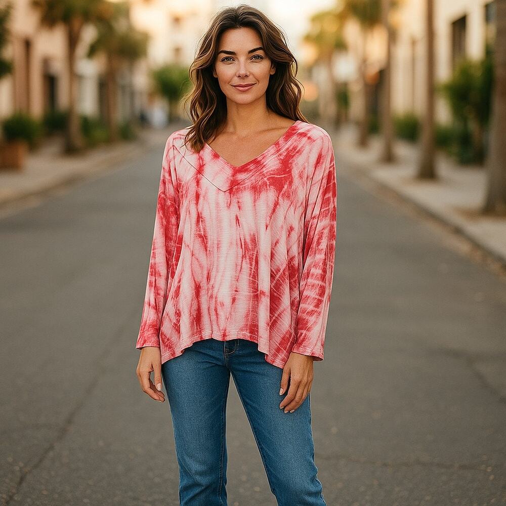 New Directions Womens Tunic Top Sz XL Frida Peach Pink Abalone Sky Tie Dye NEW
